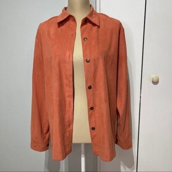 Women Faux Suede Shirt Size Medium Orange Button Up Dressbarn - Picture 2 of 12